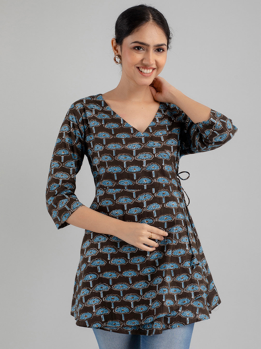 Floral Printed V-Neck Pure Cotton Angrakha A-Line Kurti FRKT6175