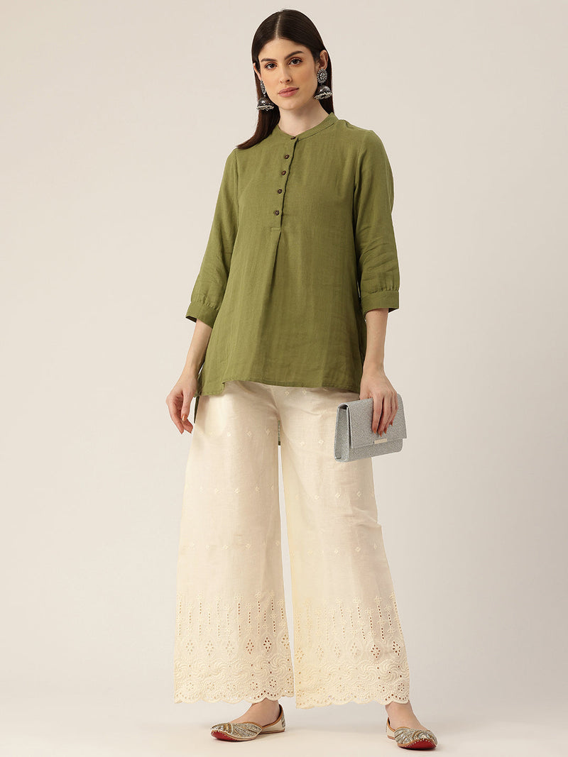 Beige Palazzos | Embroidered Elegnace With Elastic Waist & Single Pocket