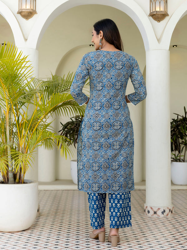 Printed Cotton Lace-Detail Kurta Set with Ankle-Length Pants and Graceful Dupatta