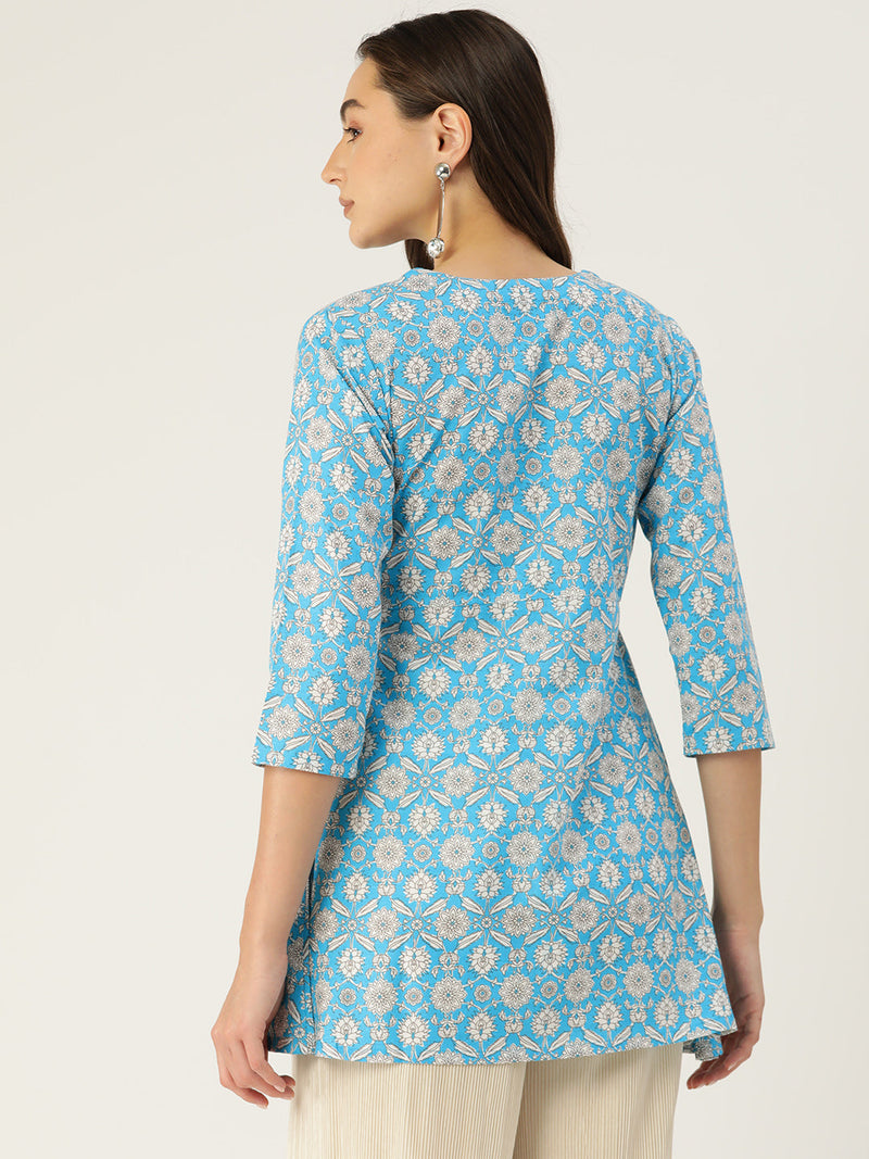 Floral Print Angrakha 3\4 Sleeves Flared Kurti