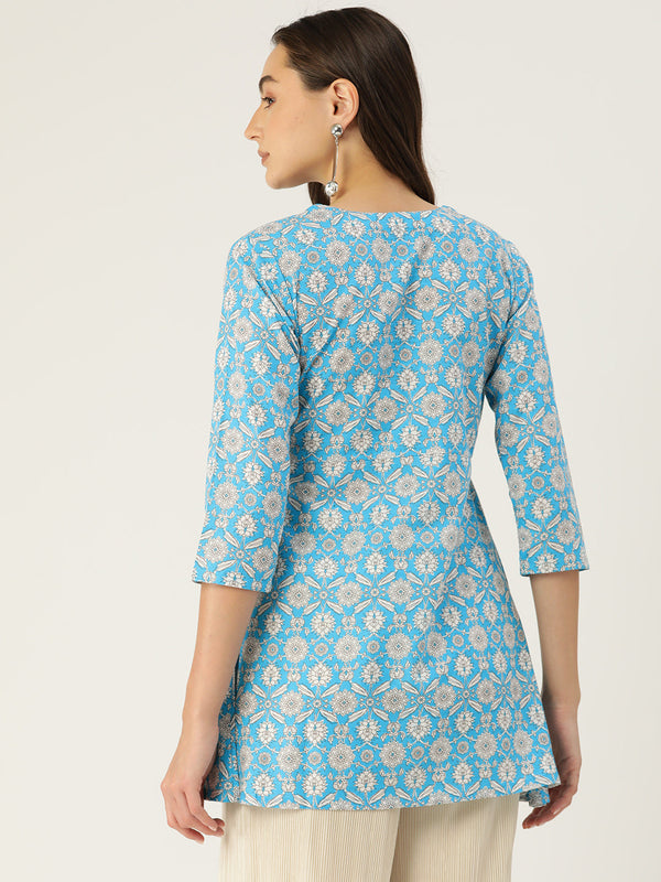 Floral Print Angrakha 3\4 Sleeves Flared Kurti