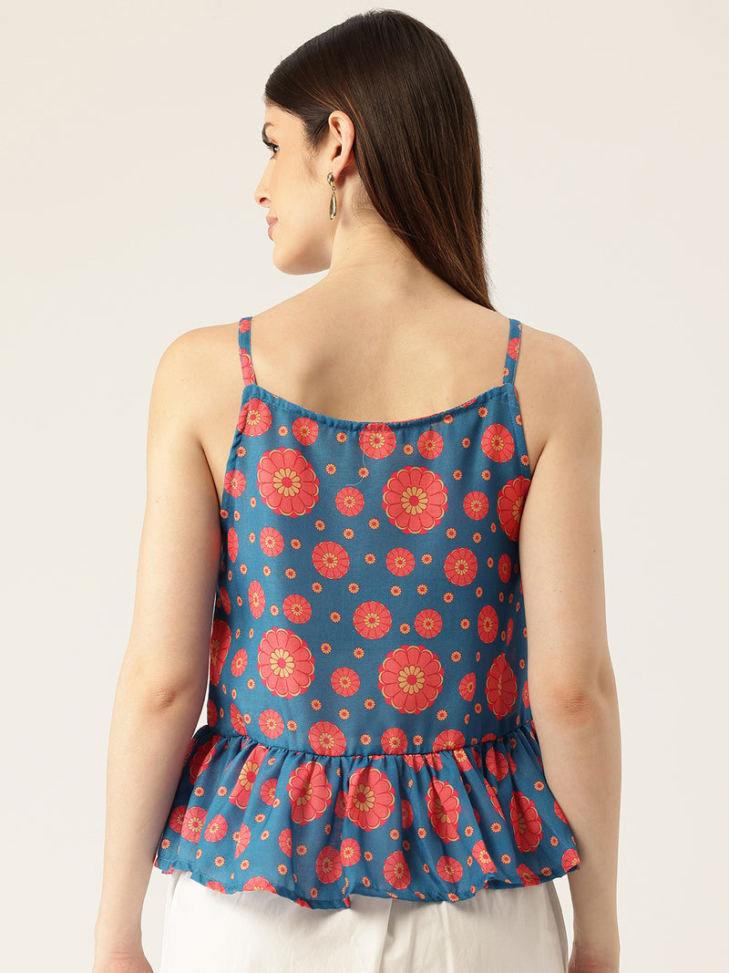 Cropped Sleeveless strap Peplum top with digital print on linen fabric. | Size- Small | Colour - Royal Blue, Red