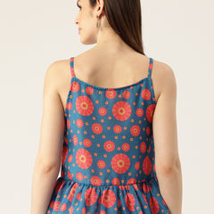 Cropped Sleeveless strap Peplum top with digital print on linen fabric. | Size- Small | Colour - Royal Blue, Red
