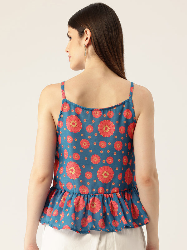 Cropped Sleeveless strap Peplum top with digital print on linen fabric. | Size- Small | Colour - Royal Blue, Red