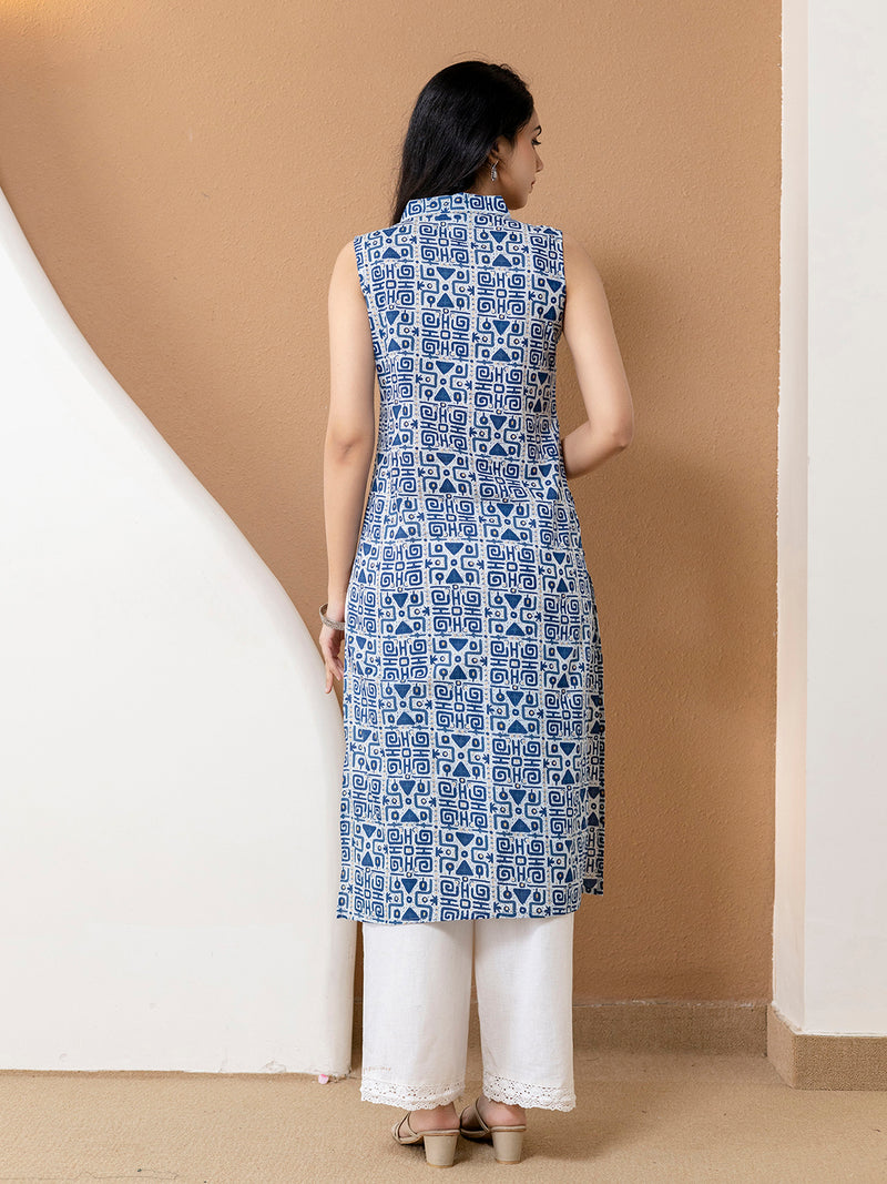 Elegant Sleeveless Cotton Printed Straight Kurta with Refined V-Neckline