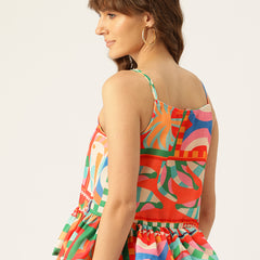 Cropped Sleeveless strap Peplum top with digital print on linen fabric.| Size- Small| Colour - Red, Mustard, Green, Pink