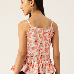 Cropped Sleeveless strap Peplum top with digital print on linen fabric.| Size- Small| Colour - White, Peach