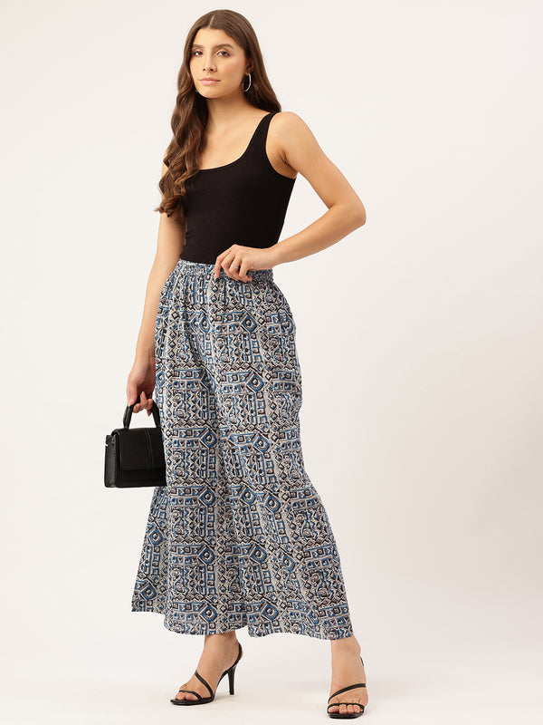 Blue Trendy Women's Blue Printed Cotton Palazzos - Elasticated Waist & Ankle-Length Fit
