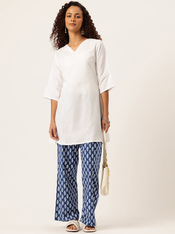 Blue Women Pure Cotton Paisley Printed Palazzo Pants | Elastic Waist | Wide Leg