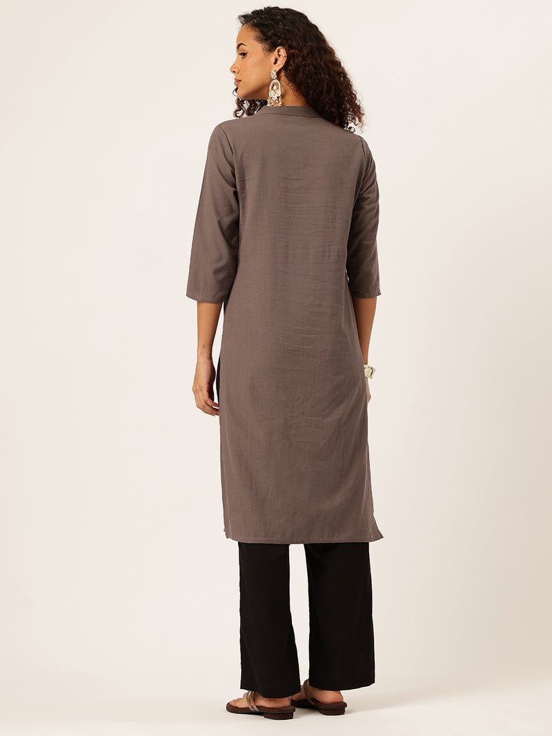 Women’s Solid Long Kurti with Mandarin Collar, 3/4 Sleeves & Pocket | Plain Elegant Cotton Kurta for Daily & Office Wear