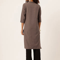 Women’s Solid Long Kurti with Mandarin Collar, 3/4 Sleeves & Pocket | Plain Elegant Cotton Kurta for Daily & Office Wear