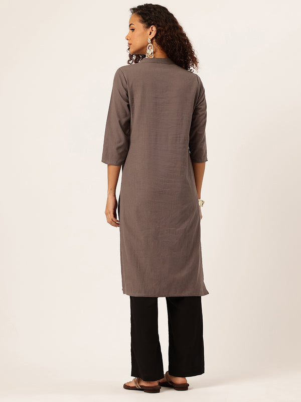 Women’s Solid Long Kurti with Mandarin Collar, 3/4 Sleeves & Pocket | Plain Elegant Cotton Kurta for Daily & Office Wear
