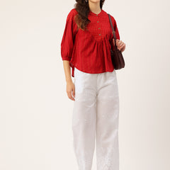 White Embroidered Palazzos–Fully Lined, Elastic Waist & Ankle-Length with Side Pocket