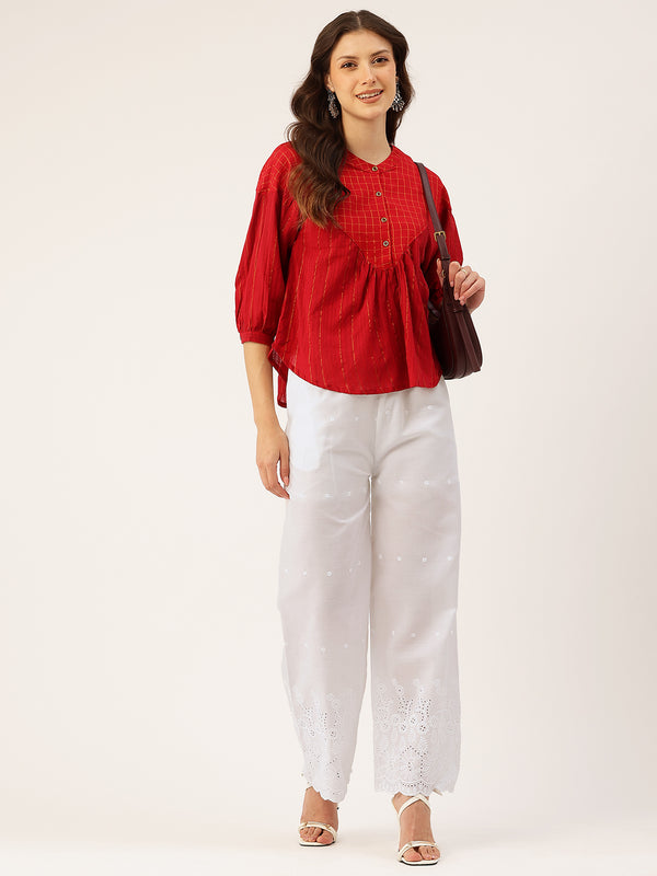 White Embroidered Palazzos–Fully Lined, Elastic Waist & Ankle-Length with Side Pocket