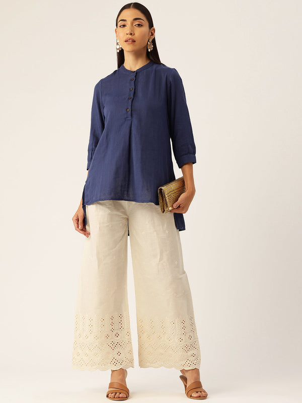 Beige Palazzos | Embroidered Elegnace With Elastic Waist & Single Pocket