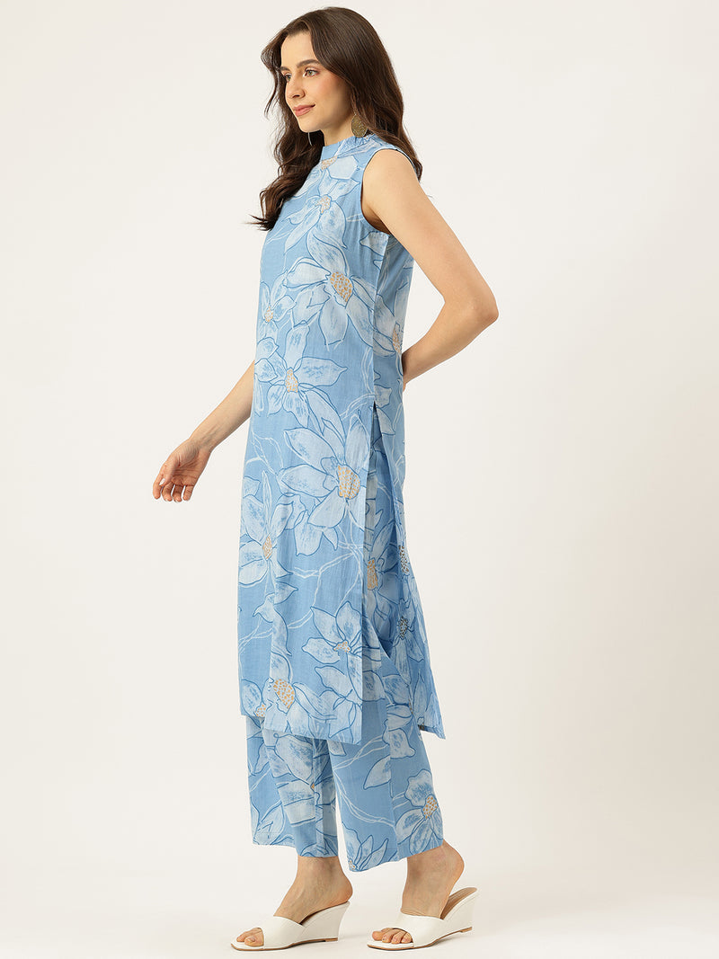 Floral Sleeveless Cotton Co-Ord Set with Choker Neckline – Pure Cotton | Sizes S–XXL