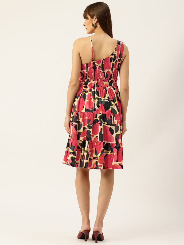 Women’s Rayon One-Shoulder Dress with Smocked Bodice & Flared Skirt – Bright Summer Colors