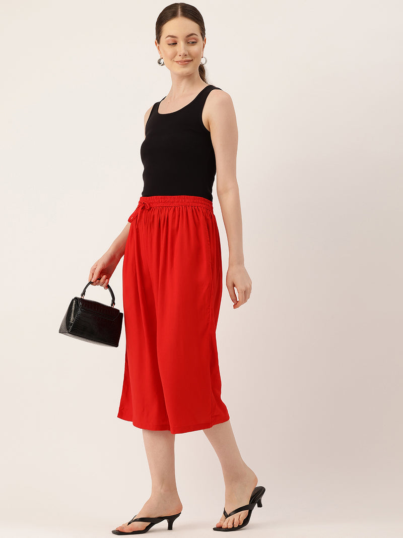 Women's Culottes | Calf-Length Pants with Double Pockets & Elastic Waistband