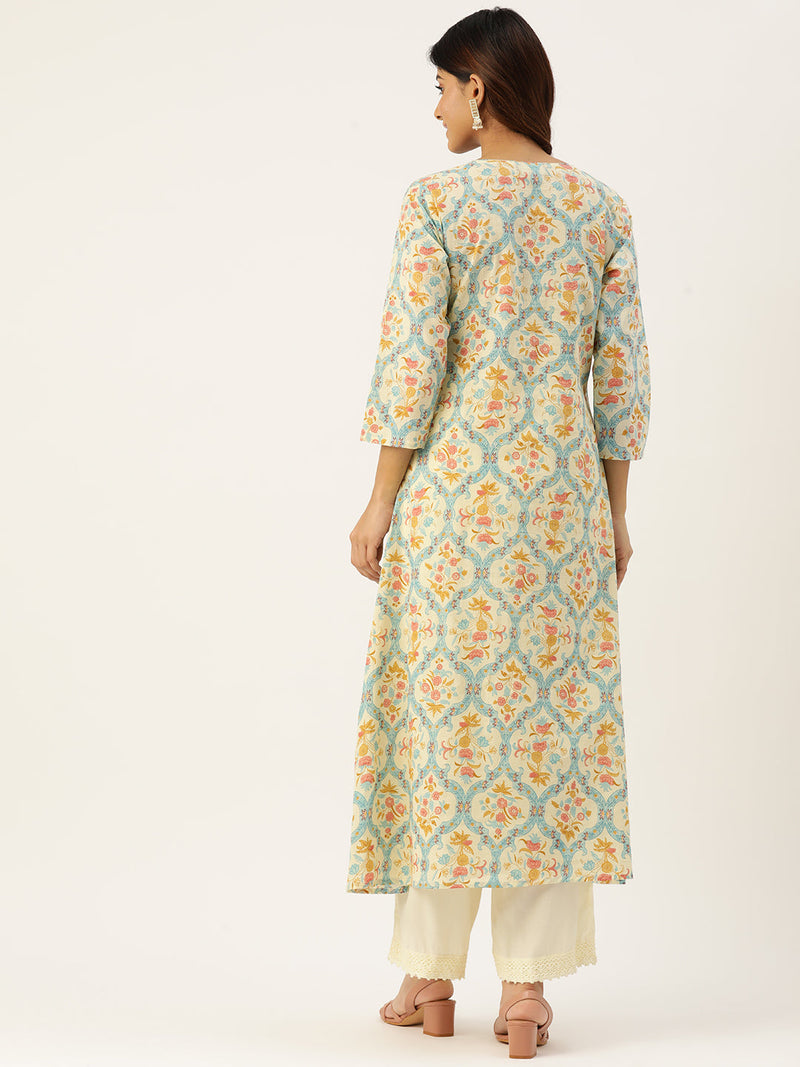 Floral Print 4 Button Angrakha Long Kurti