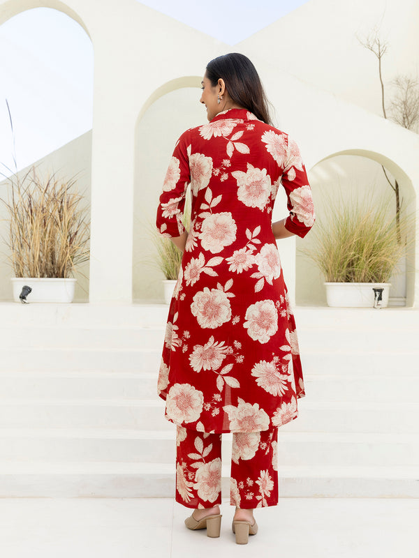 Women’s Co-Ord Set – Printed Collared Kurta with 3/4 Sleeves & Elastic Waist Pants