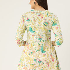 Floral Print Angrakha 3\4 Sleeves Flared Kurti