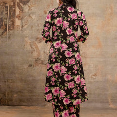 Black Women’s Co-Ord Set–Printed Collared Kurta with 3/4 Sleeves & Elastic Waist Pants