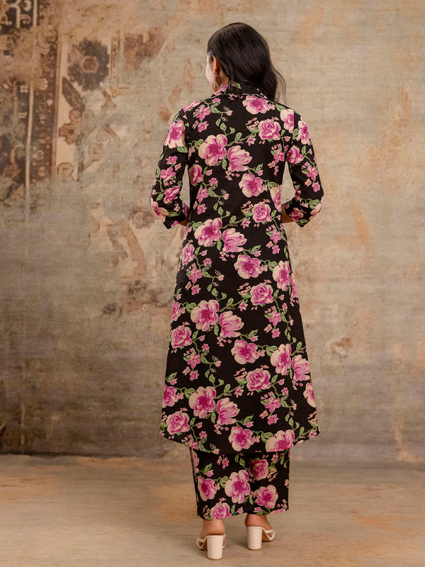 Black Women’s Co-Ord Set–Printed Collared Kurta with 3/4 Sleeves & Elastic Waist Pants