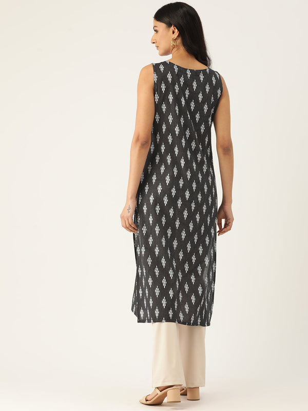 Cotton Boat Neck Sleeveless Straight Kurti