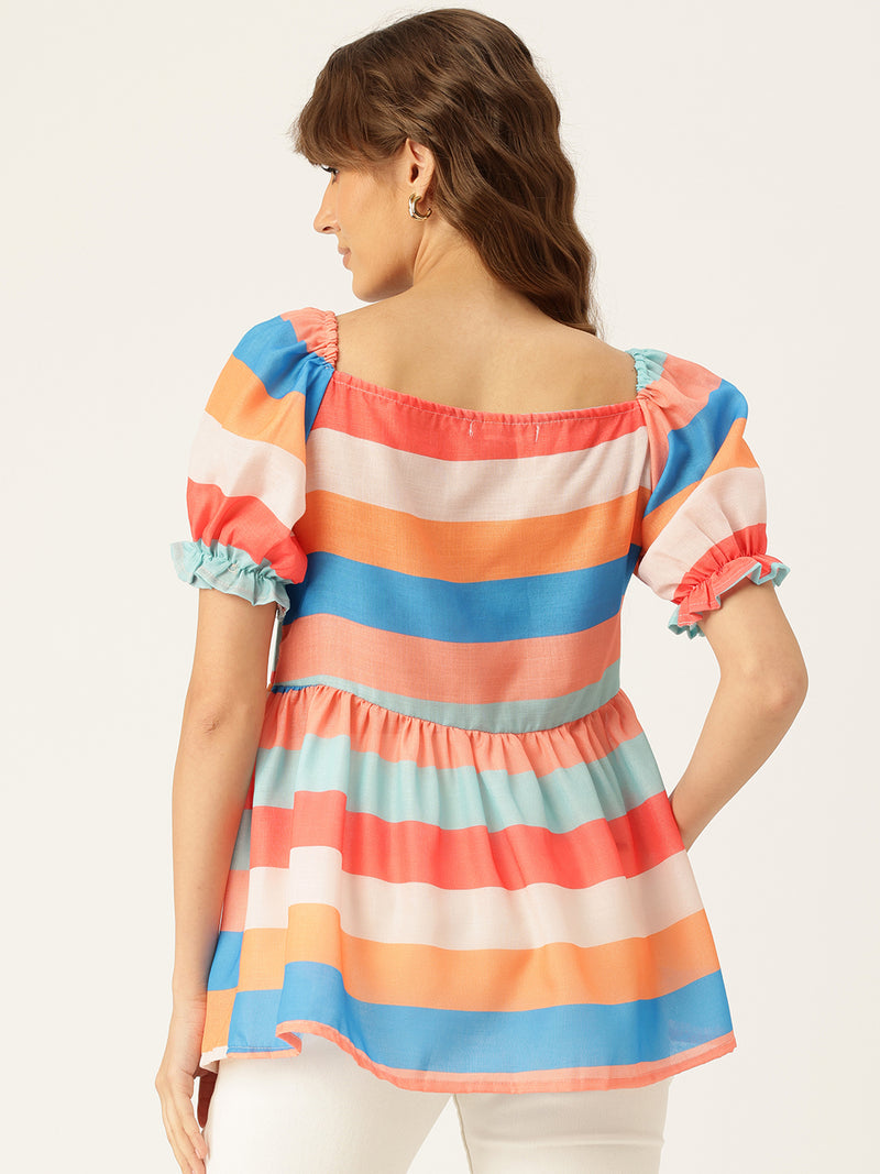 Cropped v-neck peplum puff sleeved top with digital print on linen fabric.