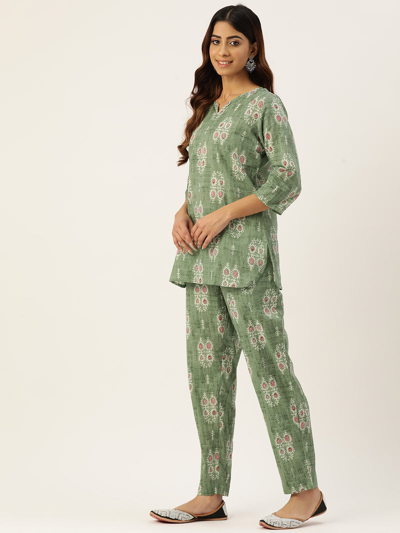Green Printed Cotton Night Suit with V-Neck Kurti & Ankle-Length Pants