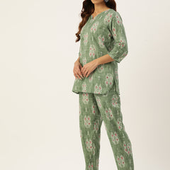 Green Printed Cotton Night Suit with V-Neck Kurti & Ankle-Length Pants