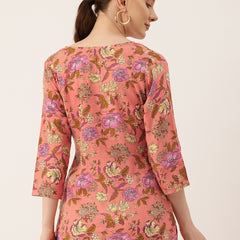 3/4 Sleeve Round Neck Vcut top Pink Colour