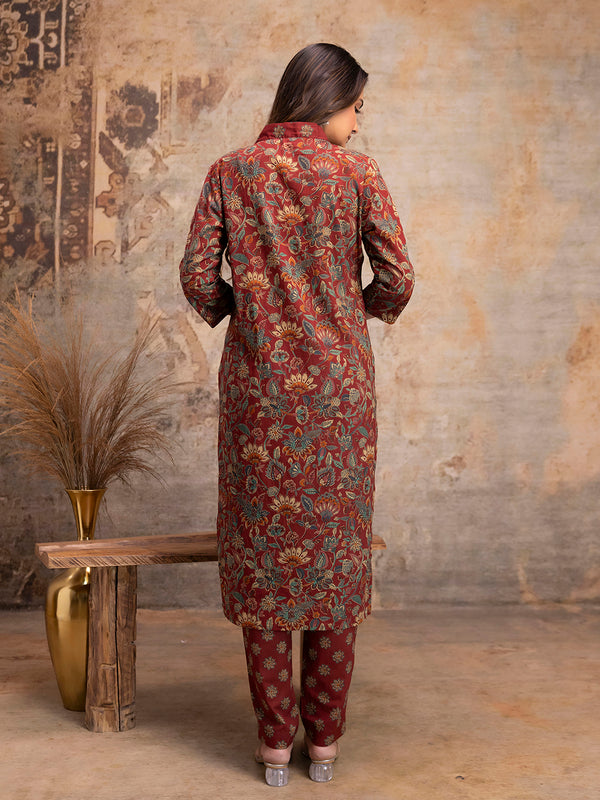 Pure Cotton Red V-Neck 3-Piece Kurta Set with Printed Dupatta