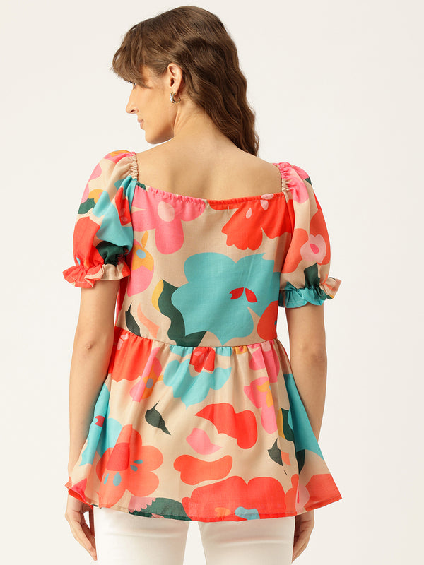 Cropped v-neck peplum puff sleeved top with digital print on linen fabric.