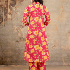 Red Women’s Co-Ord Set–Printed Collared Kurta with 3/4 Sleeves & Elastic Waist Pants