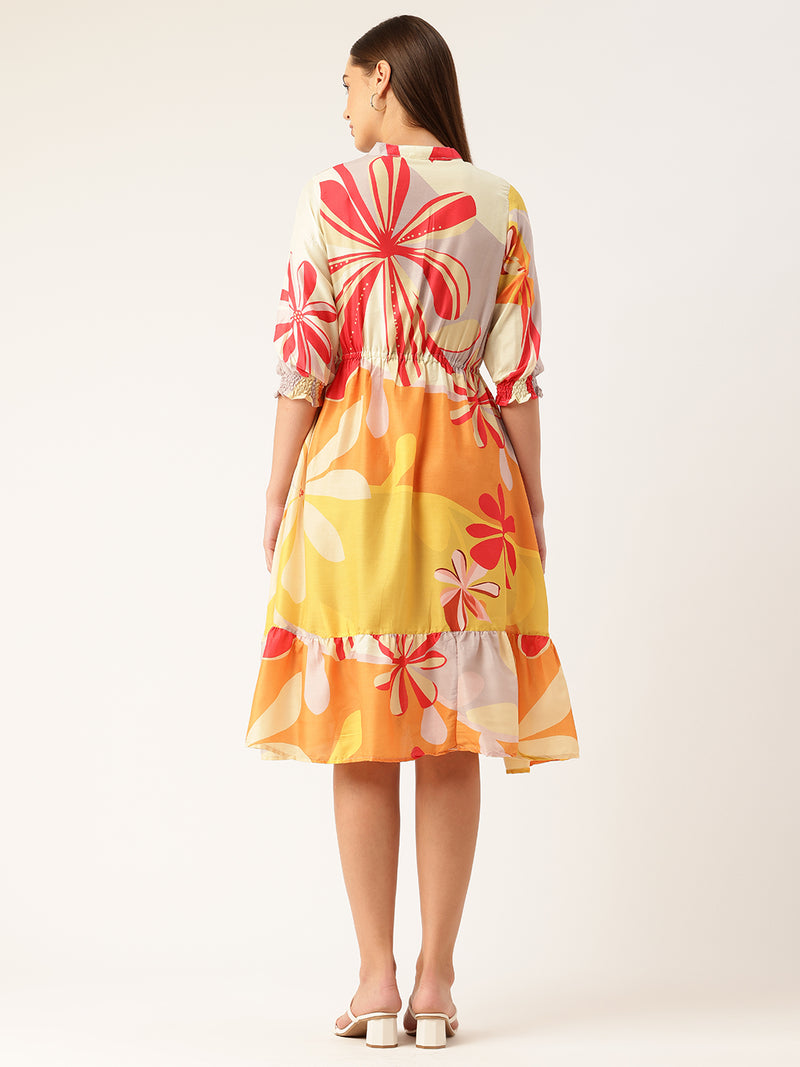 Women’s Multi-Color Muslin Floral Dress with Mandarin Collar & 3/4 Smocked Sleeves