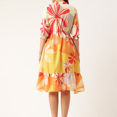 Women’s Multi-Color Muslin Floral Dress with Mandarin Collar & 3/4 Smocked Sleeves