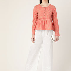 White White Embroidered Cotton Palazzos–Elastic Waist & Ankle-Length with Side Pocket
