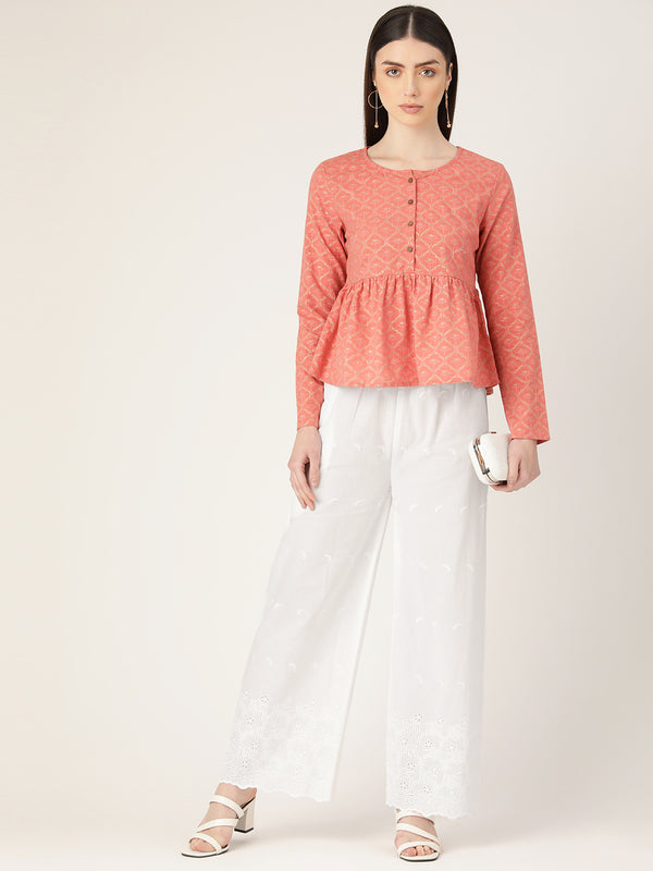 White White Embroidered Cotton Palazzos–Elastic Waist & Ankle-Length with Side Pocket