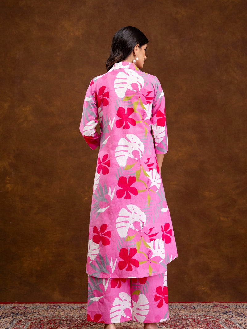 Pink Women’s Co-Ord Set–Printed Collared Kurta with 3/4 Sleeves & Elastic Waist Pants