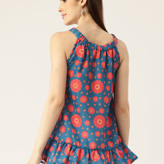 Cropped Sleeveless Elasticated Neck Bottom Flared Top with digital print on linen fabric.  | Size- Small |  Colour - Blue, Red, Yellow