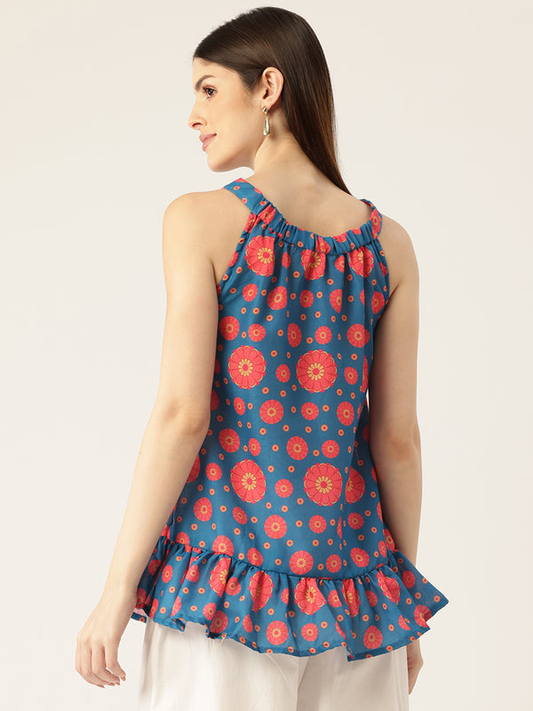 Cropped Sleeveless Elasticated Neck Bottom Flared Top with digital print on linen fabric.  | Size- Small |  Colour - Blue, Red, Yellow