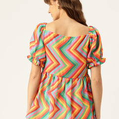 Cropped v-neck peplum puff sleeved top with digital print on linen fabric.