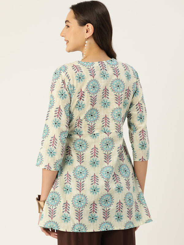 Floral Print Angrakha 3\4 Sleeves Flared Kurti