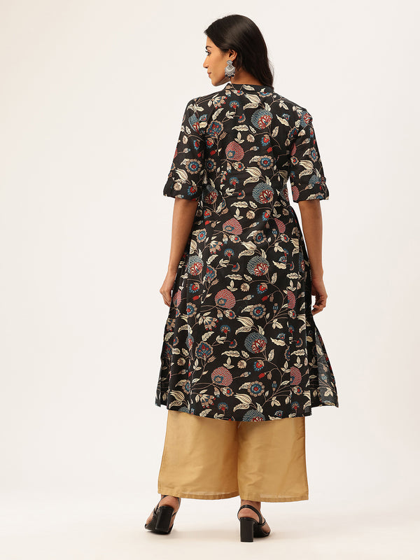 Elegant A-Line Long Kurta for Women - Mandarin Collar with Button Detailing