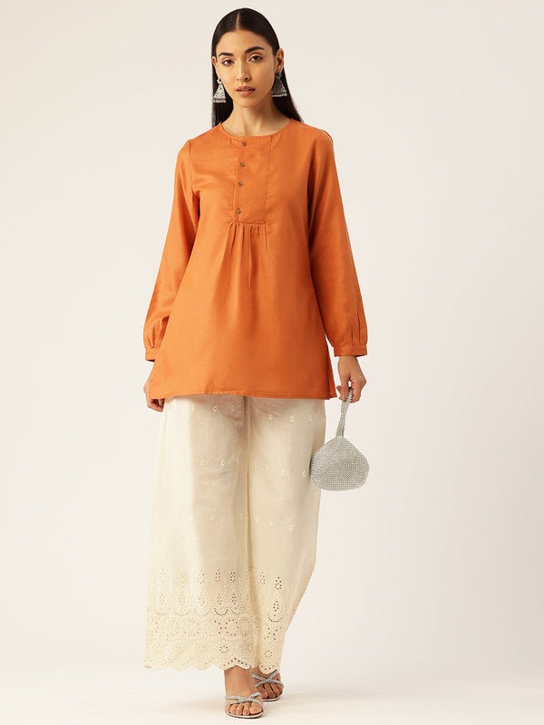 Beige Palazzos | Embroidered Elegnace With Elastic Waist & Single Pocket