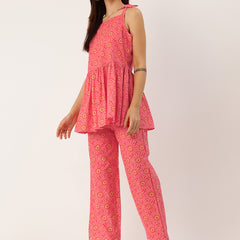 Red Sleeveless Strappy Cotton Co-Ord Set with Bow Detail & Flared Pants