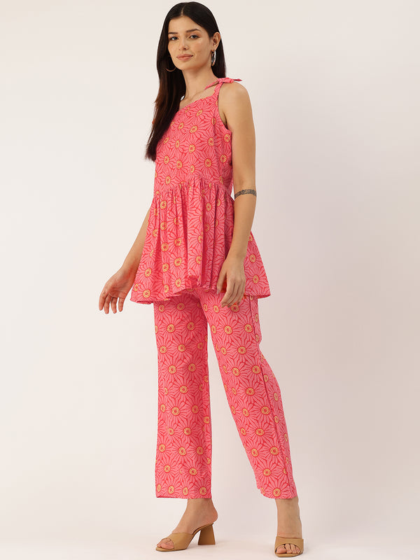 Red Sleeveless Strappy Cotton Co-Ord Set with Bow Detail & Flared Pants