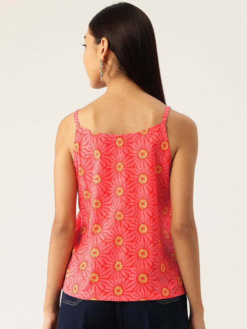 Relaxed fit strappy sleeveless top digitally printed on linen fabric.  | Size- Small |  Colour - Red, Yellow