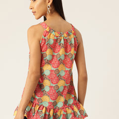 Cropped Sleeveless Elasticated Neck Bottom Flared Top with digital print on linen fabric.  | Size- Small |  Colour - Magenta, Green, Aqua, Yellow